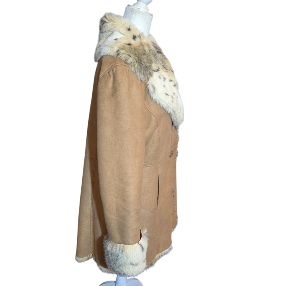 Vtg Y2K Talbots Penny Lane Tan Faux Sherpa Suede/Snow Leopard Fur Lined Coat - Picture 2 of 11